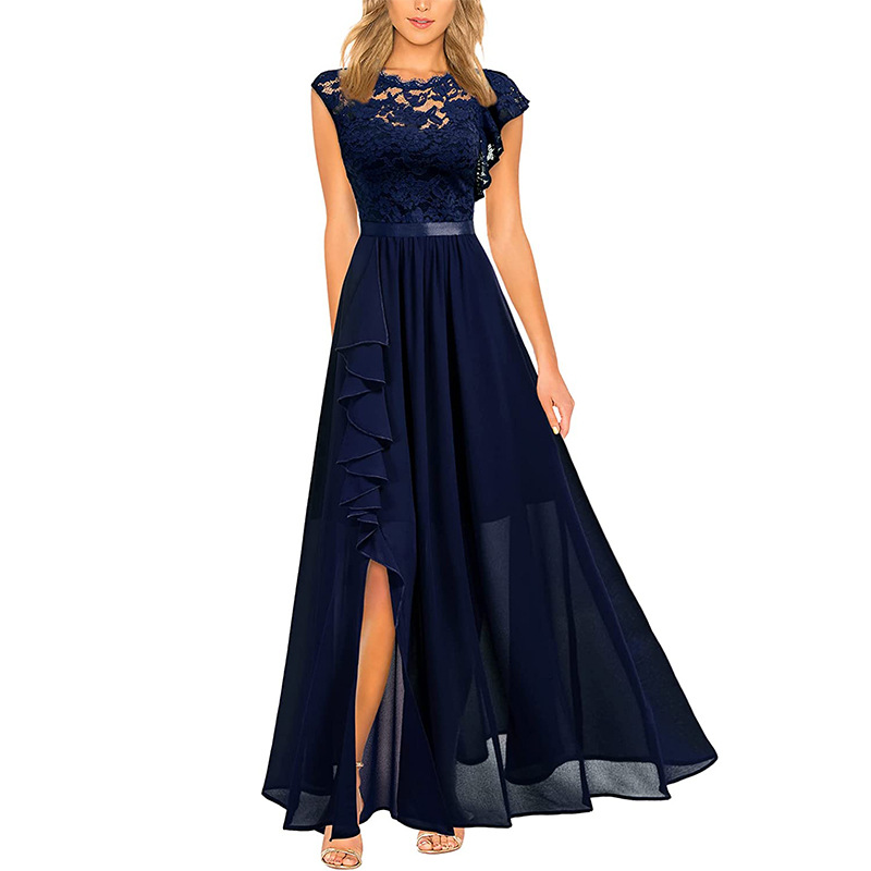 Women's Elegant Retro Lace Chiffon Ruffle Evening Maxi Dress High Slit Banquet Gown Formal Floral Lace Party Maxi Dress Chiffon Evening Dress Prom Cocktail Party Formal Bridesmaid Dress