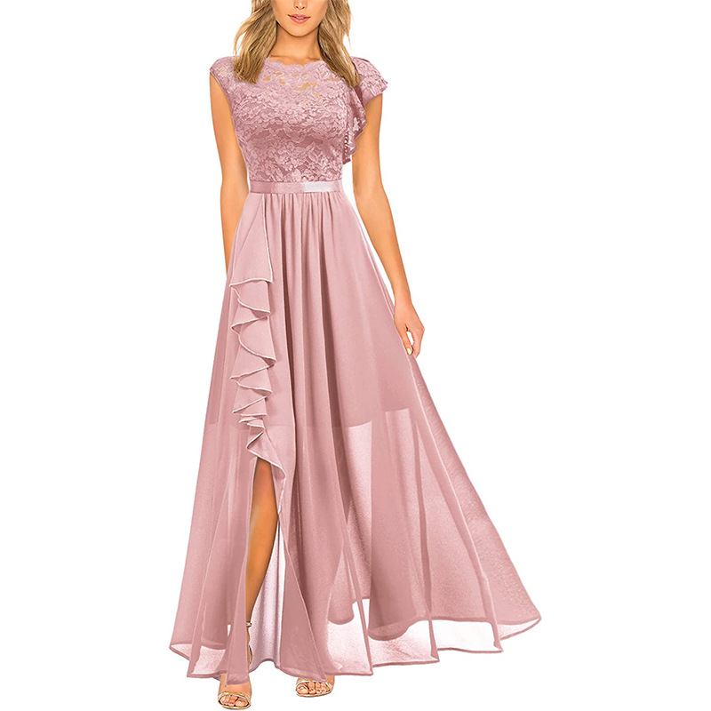 Women's Elegant Retro Lace Chiffon Ruffle Evening Maxi Dress High Slit Banquet Gown Formal Floral Lace Party Maxi Dress Chiffon Evening Dress Prom Cocktail Party Formal Bridesmaid Dress