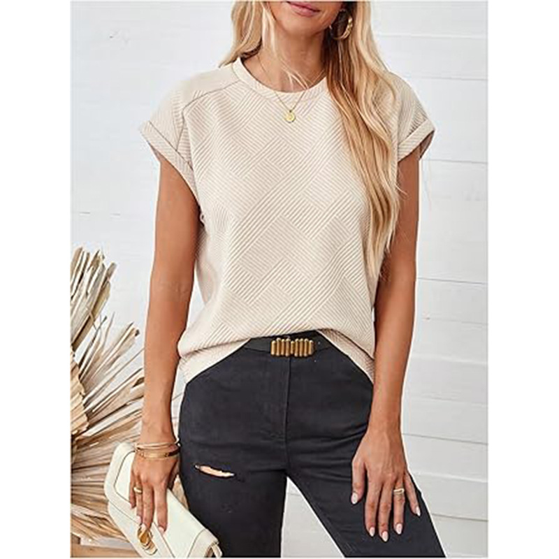 Women's hot round neck women's summer short sleeve round neck texture T shirt