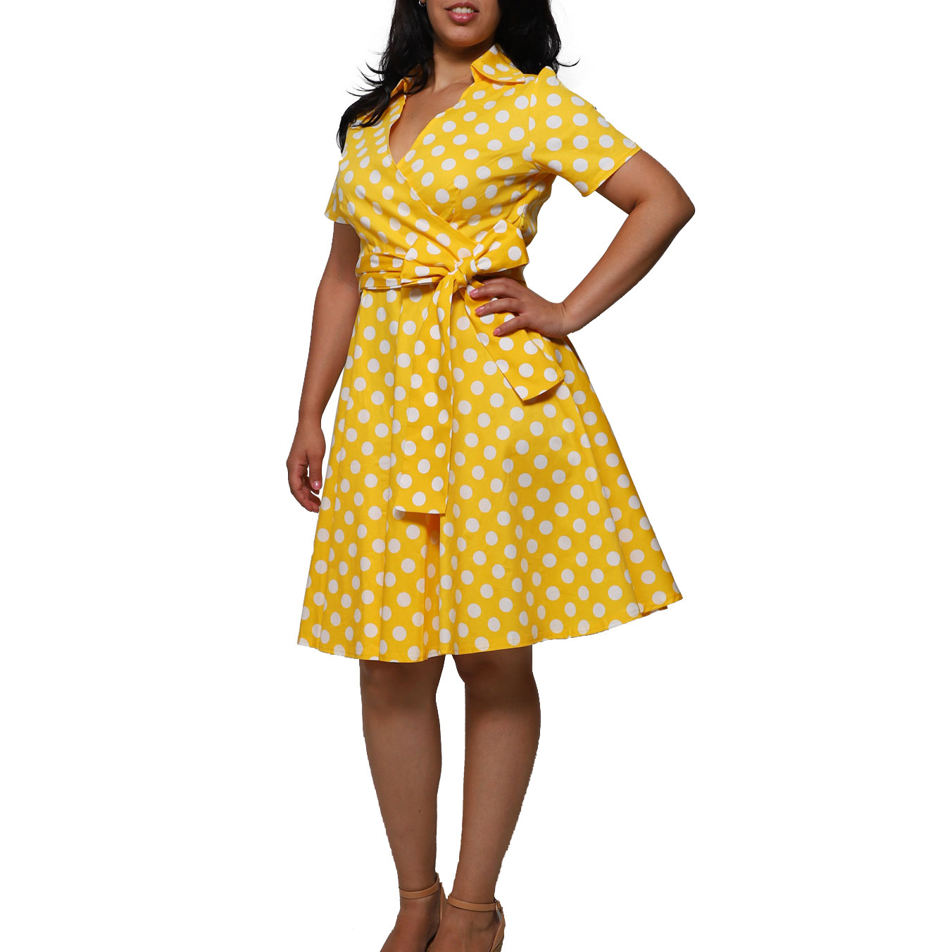 Women's Vintage Polka Dot Midi Dress Elegant Short Sleeve V-Neck Retro Slim Swing Dress Belted Waist A Line Party Rockabilly Dresses Wedding Cocktail Midi Gown Evening Dress