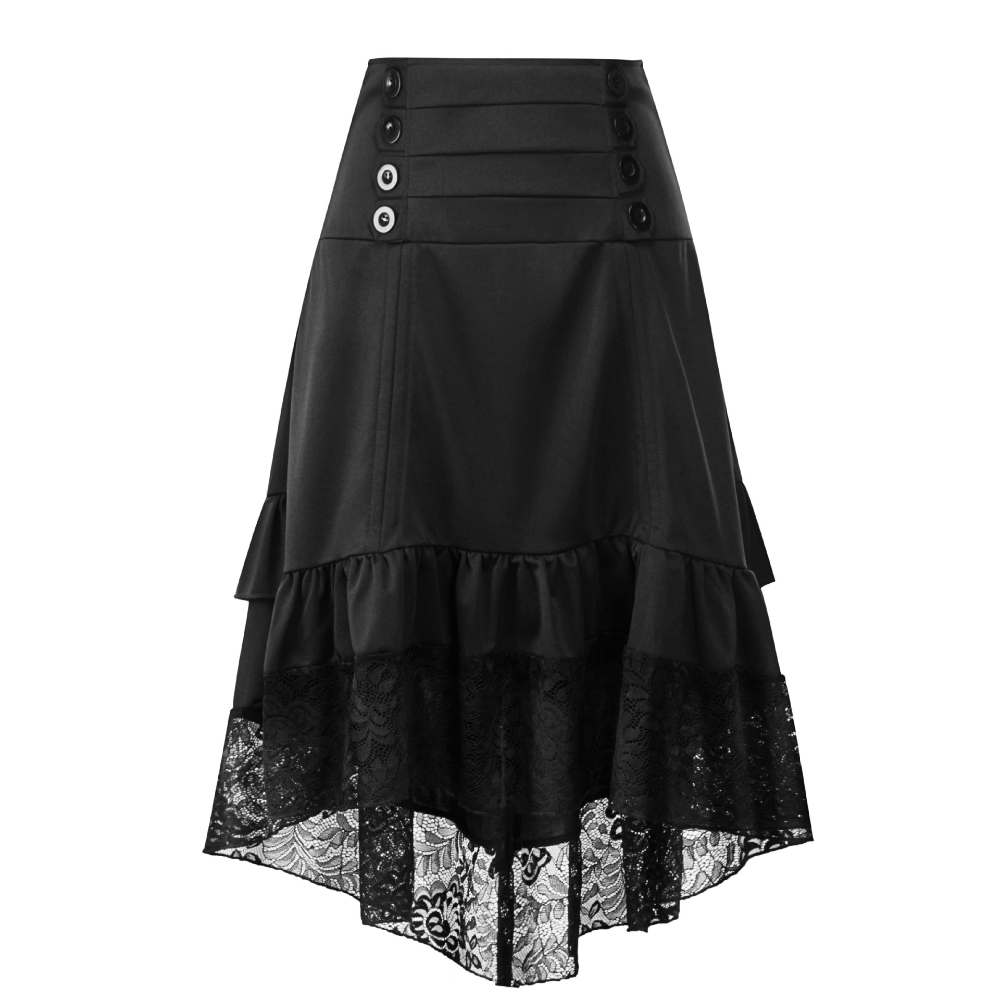 Women's Gothic Lolita Skirt Steampunk Retro Tiered Asymmetrical Hem Lace Trim Hi-Low Party Skirt Victorian Ruffled Button Stretchy Street Style Skirt for Prom Music Festival Halloween 