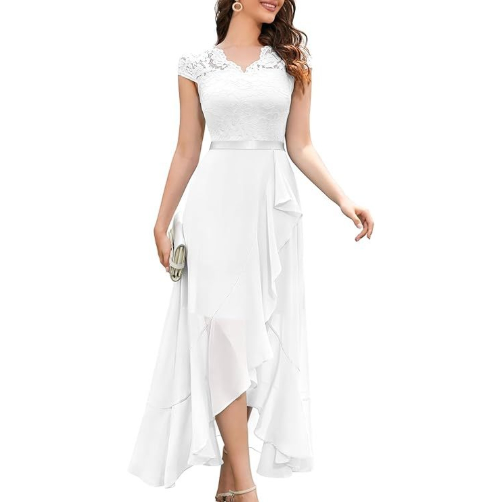 Women's Elegant Solid Color Bridesmaid Gown Modest V-Neck Lace Corset Tiered Ruffle Hem Maxi Dress High Waist Pleated Cocktail Wedding Guest Midi Dresses 