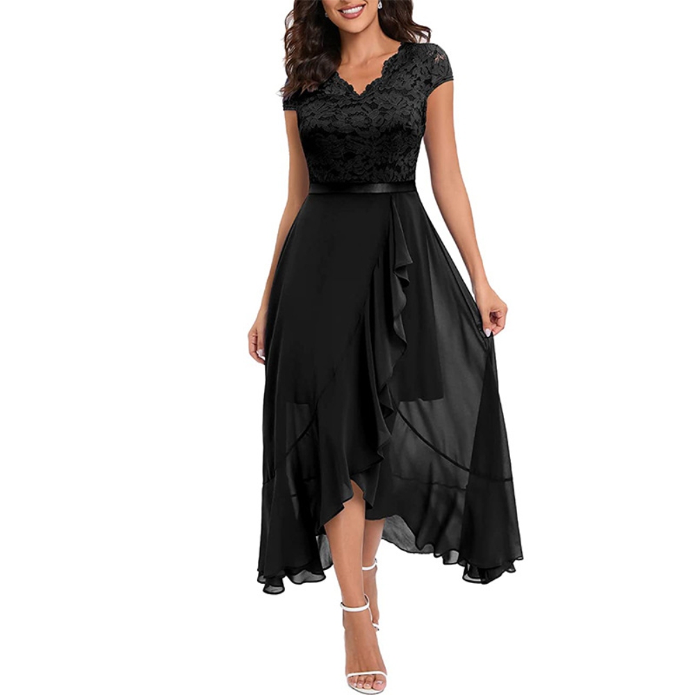 Women's Elegant Solid Color Bridesmaid Gown Modest V-Neck Lace Corset Tiered Ruffle Hem Maxi Dress High Waist Pleated Cocktail Wedding Guest Midi Dresses 