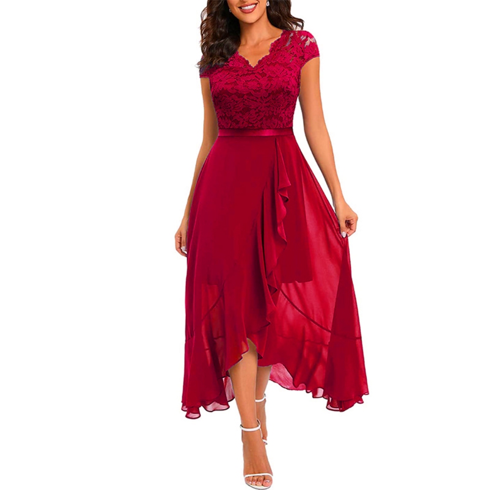 Women's Elegant Solid Color Bridesmaid Gown Modest V-Neck Lace Corset Tiered Ruffle Hem Maxi Dress High Waist Pleated Cocktail Wedding Guest Midi Dresses 