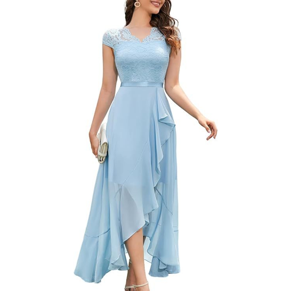 Women's Elegant Solid Color Bridesmaid Gown Modest V-Neck Lace Corset Tiered Ruffle Hem Maxi Dress High Waist Pleated Cocktail Wedding Guest Midi Dresses 