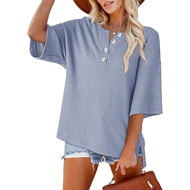 V-neck waffle short sleeve raglan sleeve button shirt short sleeve