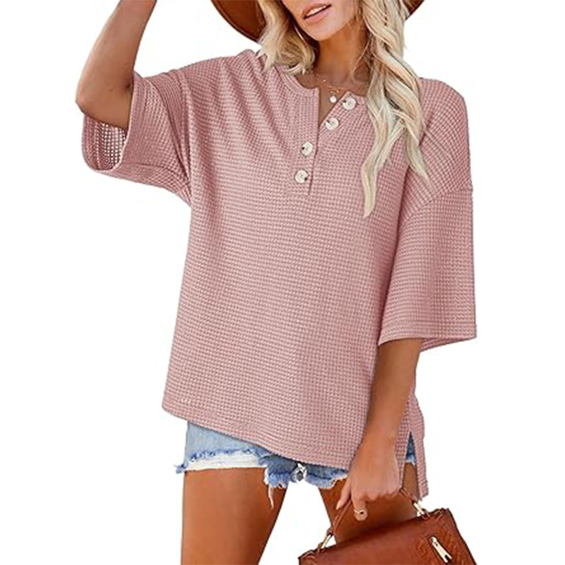 V-neck waffle short sleeve raglan sleeve button shirt short sleeve