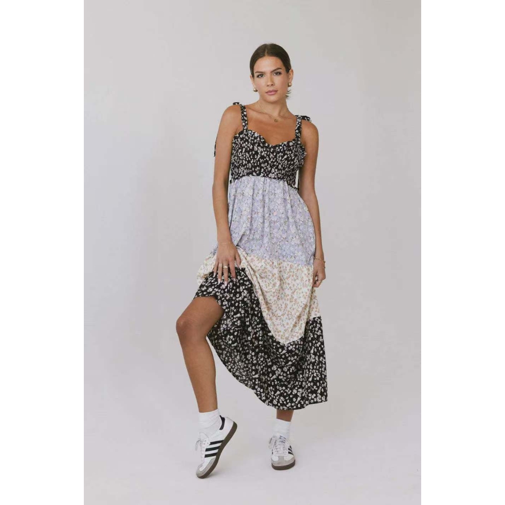 Women's Summer Chiffon Boho Graffiti Cami Maxi Dress V Neck Backless Spaghetti Straps Flowy Long Dress Vintage Tiered Ruffle Hem A Line Beach Sundress  