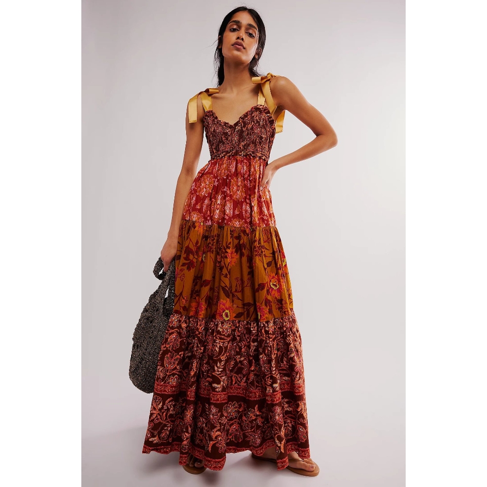 2024夏季新款抹胸露背吊带裙复古印花长裙子跨境外贸亚马逊款爆女