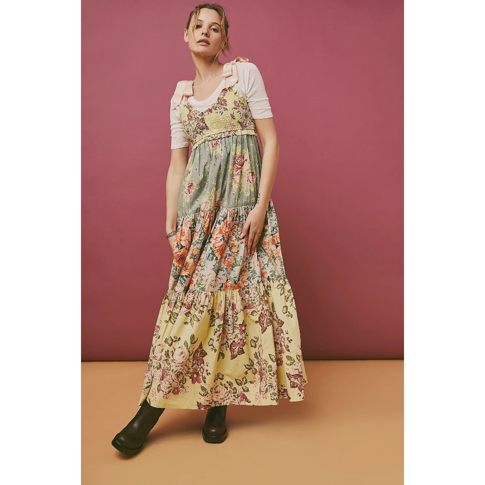 2024夏季新款抹胸露背吊带裙复古印花长裙子跨境外贸亚马逊款爆女