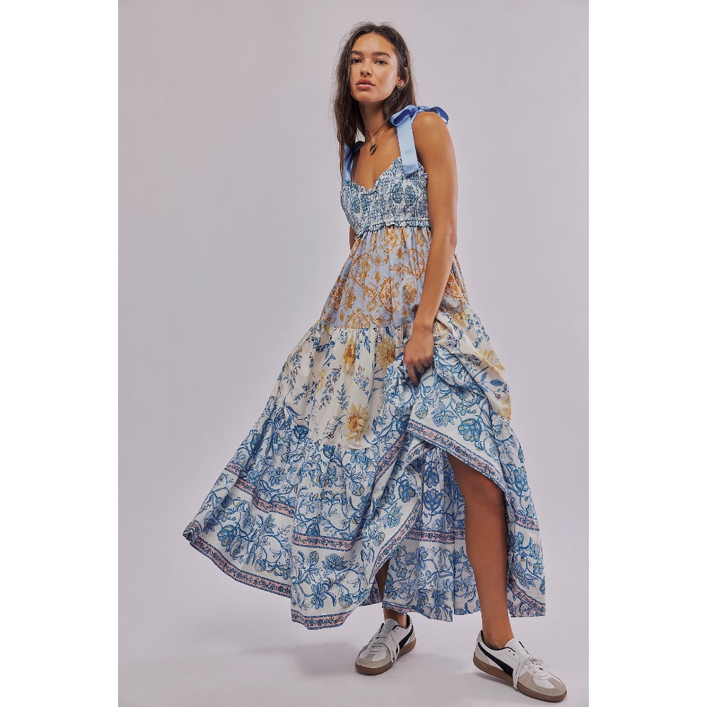 2024夏季新款抹胸露背吊带裙复古印花长裙子跨境外贸亚马逊款爆女