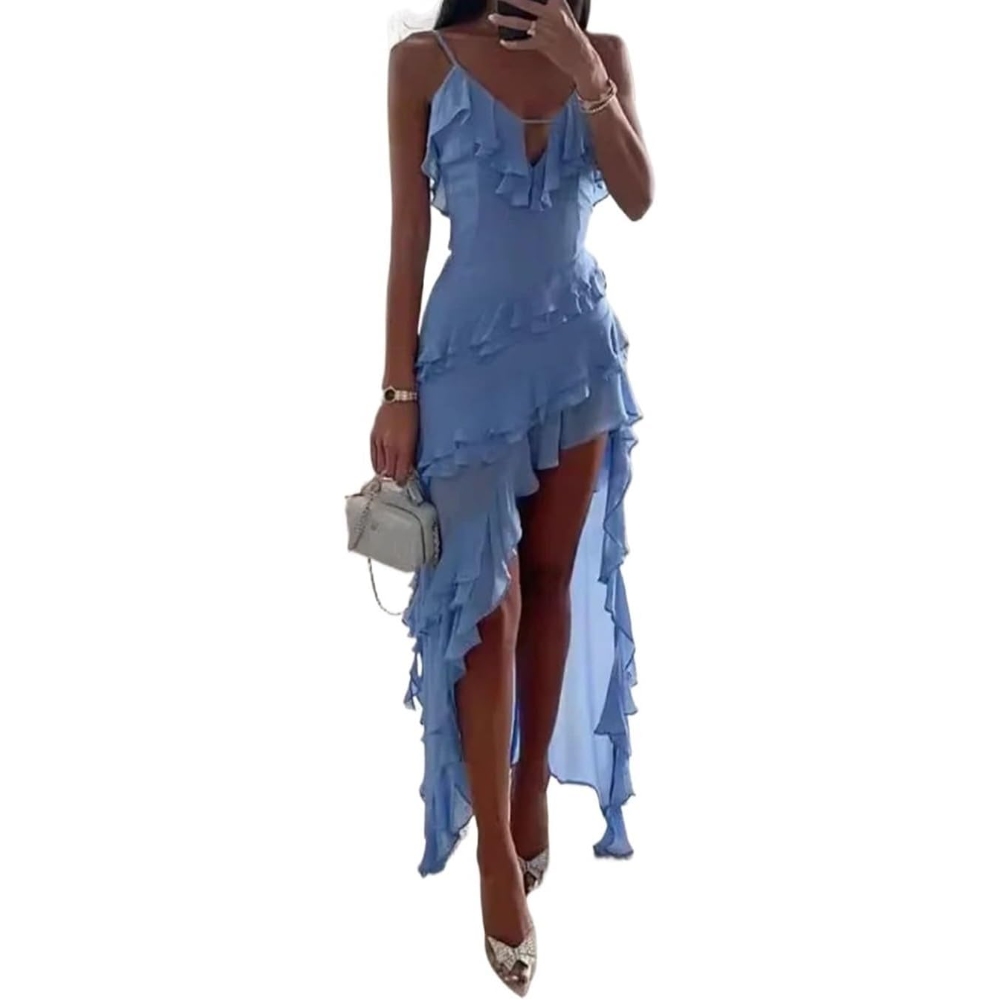 Women's Summer Irregular Slip Dress Deep V Neck Backless Spaghetti Strap High Slit Bodycon Maxi Dress Solid Color Layered Ruffle Party Club Dresses Sexy Beach Sundress   