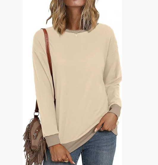 女装爆款圆领长袖秋休闲套头宽松拼色衬衫