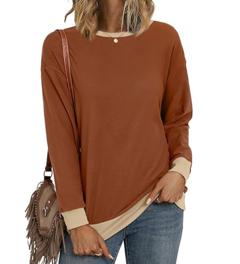 女装爆款圆领长袖秋休闲套头宽松拼色衬衫