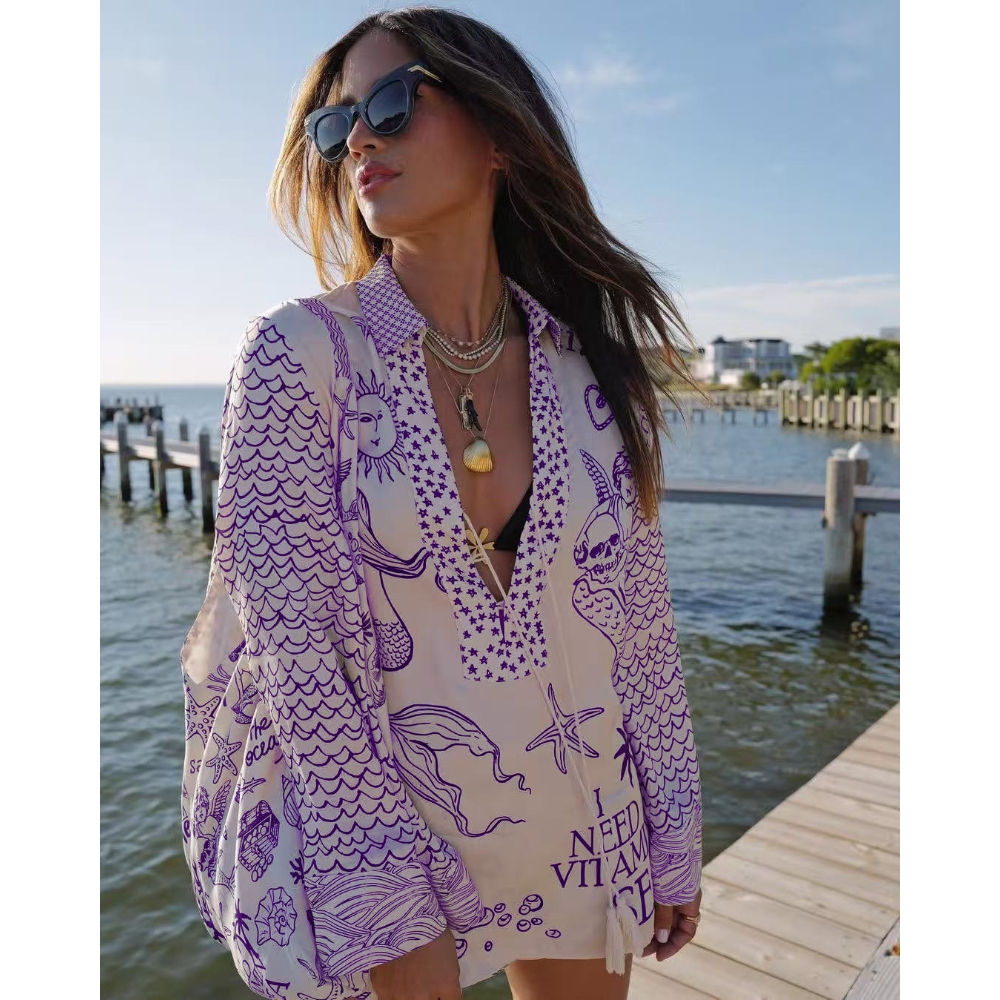 Womens Summer Graffiti Print Satin Deep V Neck Shirt and Shorts Set Relaxed Long Sleeves Graphic Tee Shorts Set Swimsuit Cover Up      Oversized Sexy 2 Pieces Beach Street Tracksuit Outfit Set
