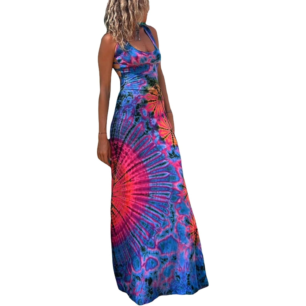 Women's Summer Multi-Print Maxi Dress Bohemian Floral Crisscross Spaghetti Straps Sleeveless Tie Dye Long Dress Sexy Y2k Deep U Neck Open Back Colorful Beach Party Sundress