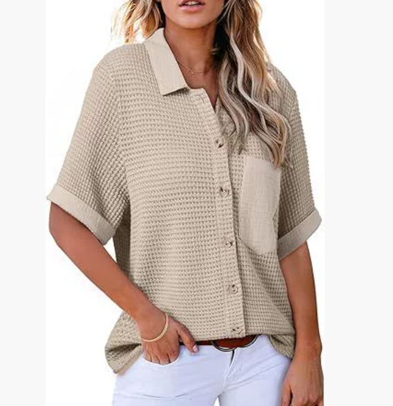 女装POLO领华夫格短袖口袋衬衫