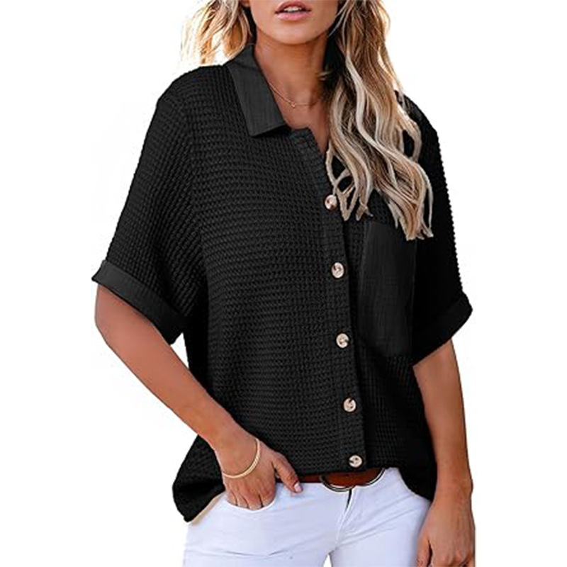 Women's POLO collar waffle short sleeve pocket shirt
