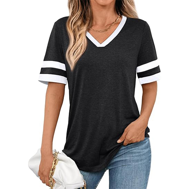 New European and American cross-border Women's V-neck contrast color short sleeve fashion all-match shirt