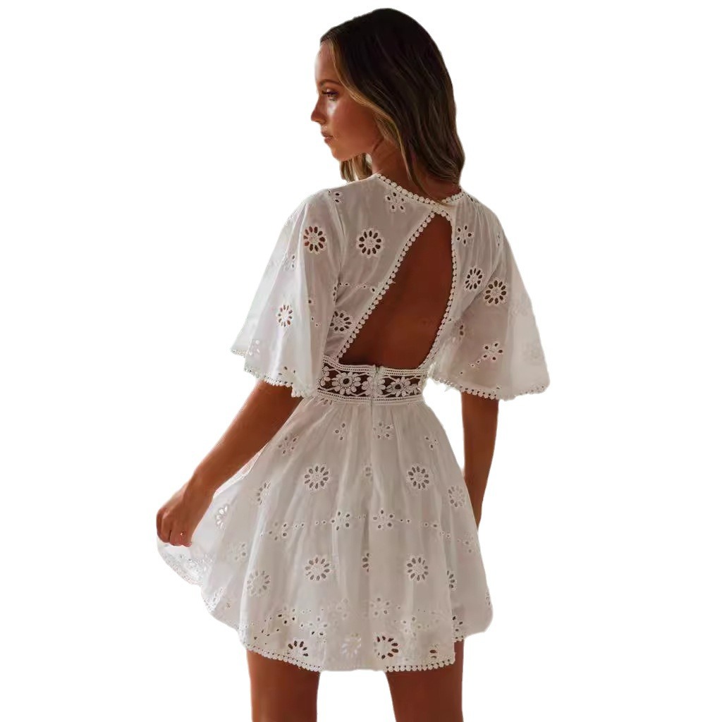 2023欧美跨境夏季新款性感露背镂空流苏仿棉连衣裙女