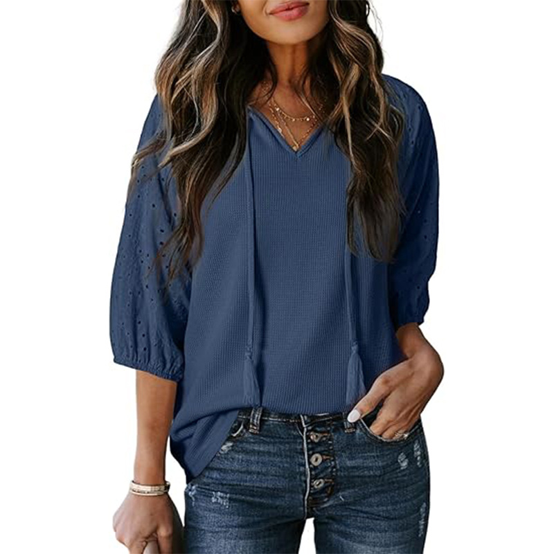 Women's V-neck hooded short-sleeved tassel shirt