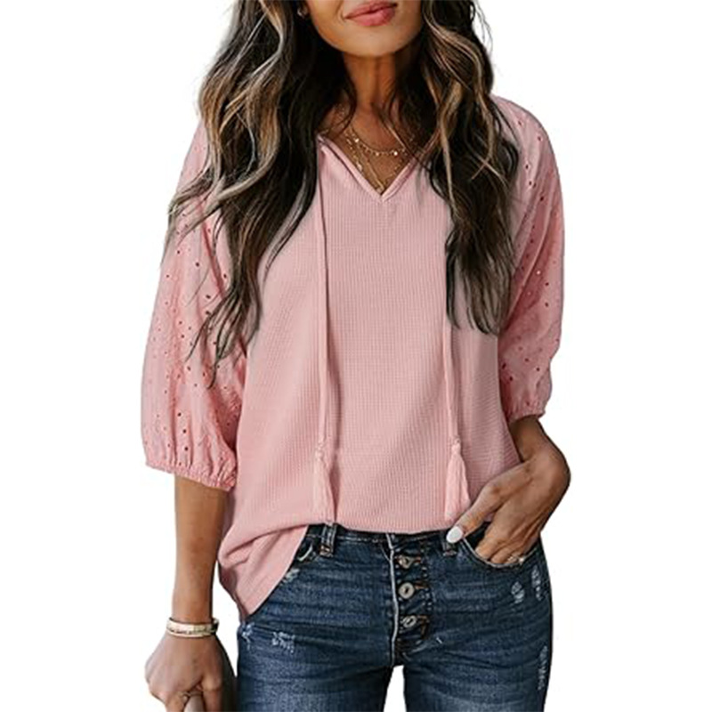 女装V领连帽五分短袖流苏衬衫