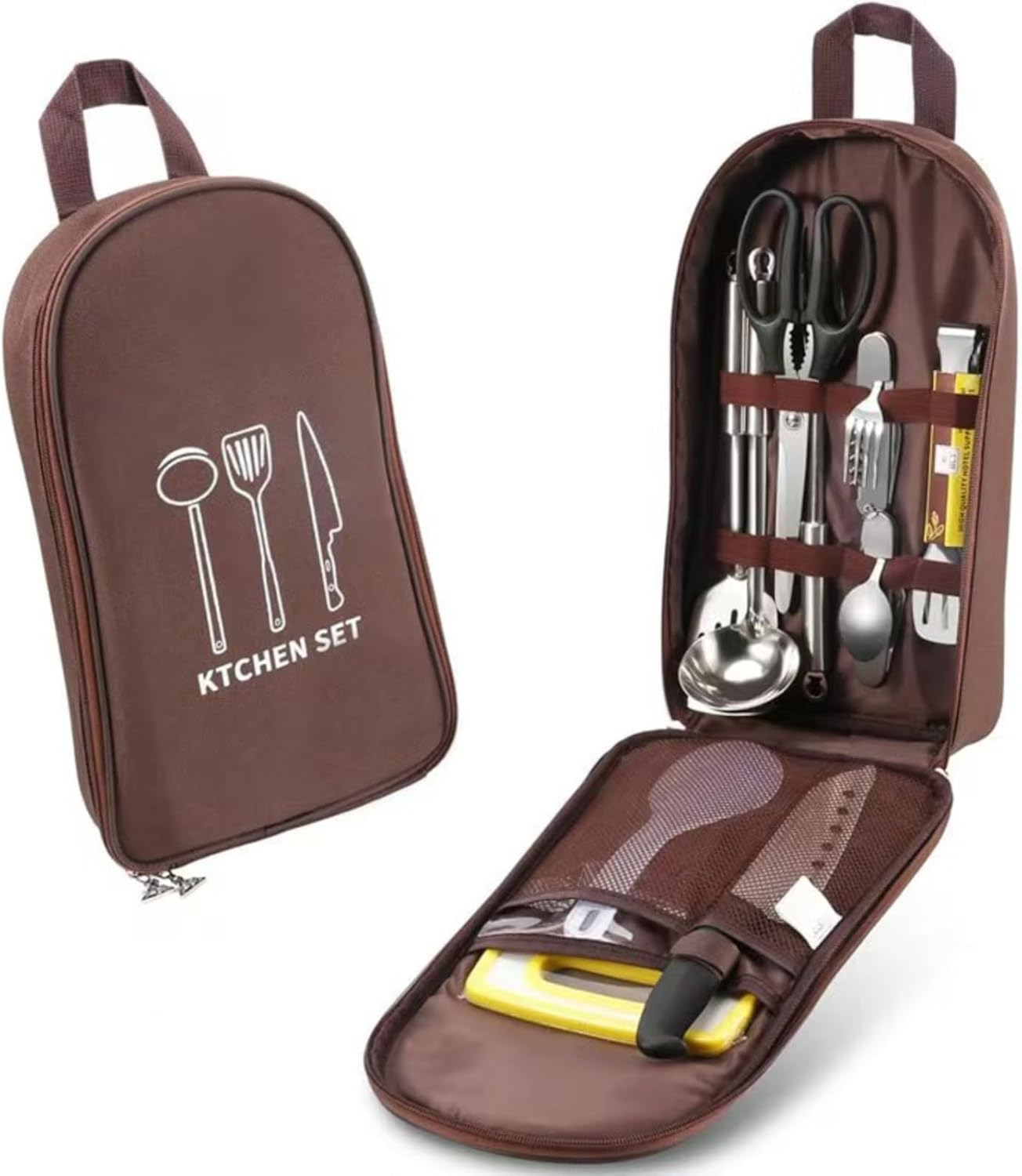 Camping cookware storage bag, camping cooking utensils set bag, camping tools portable storage bag, suitable for knives, forks, spoons, chopping boards, chef knives and kitchen utensils storage.