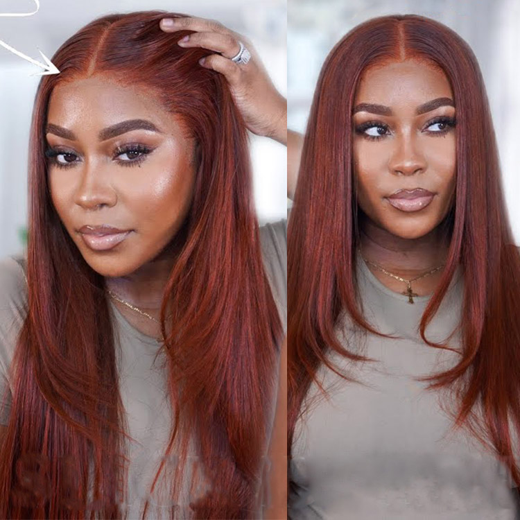 4x4蕾丝真人发头套红棕色直条150%密度