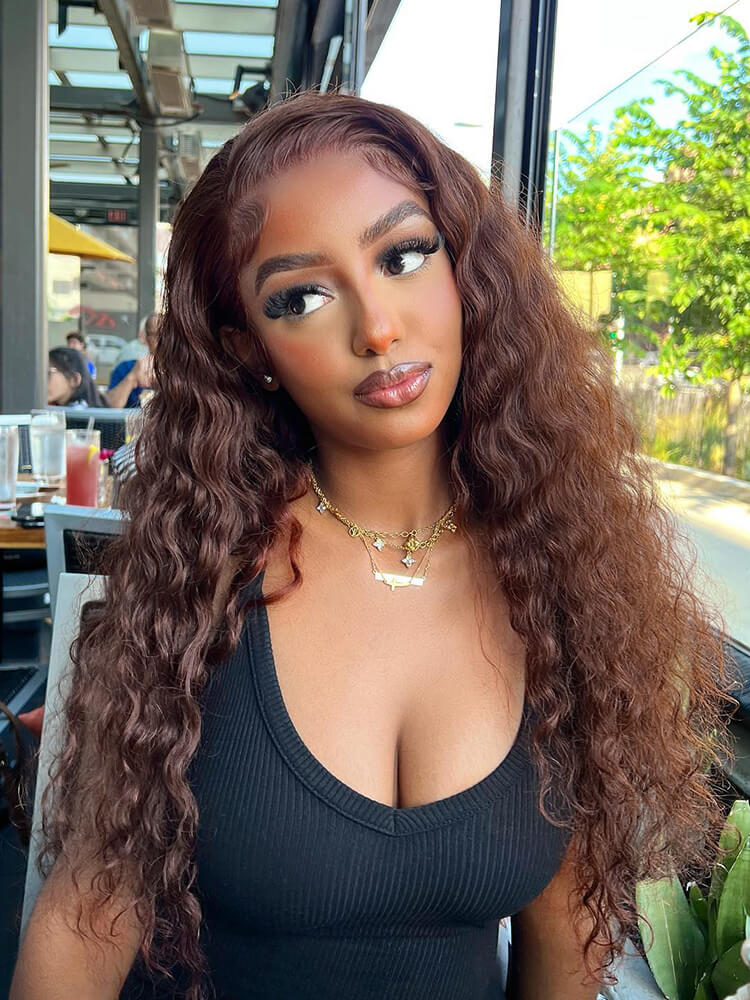 Chocolate Brown 4x4 Lace Closure Wig Human Hair color #4 water  Wave 150% Density