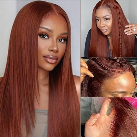 4x4蕾丝真人发头套红棕色直条150%密度 10寸