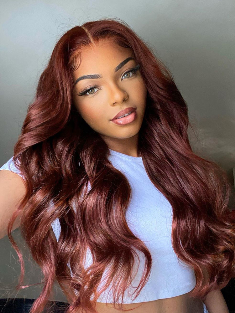 5*5 Pre-cut Lace Closure Human Hair Wig Reddish Brown Body Wave 150% Density			