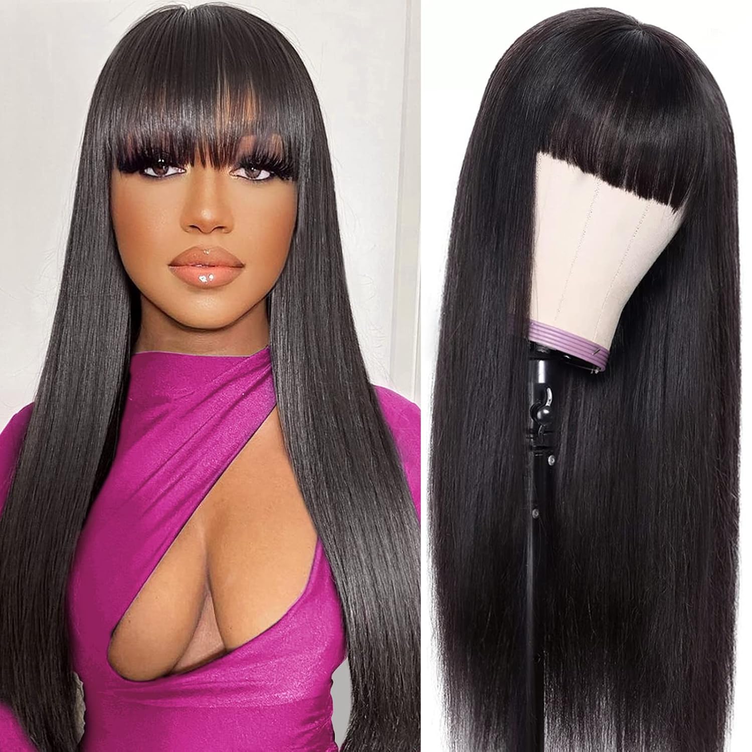 Machine bangs Human Hair Wig Straight Natural Color 150% Density			
