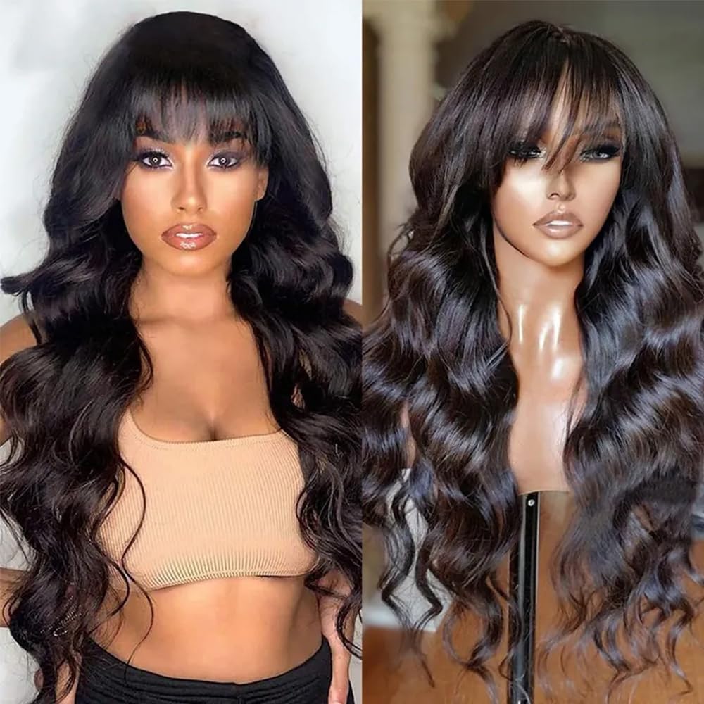 Machine Bangs Human Hair Wig Body Wave Natural Color 150% Density			