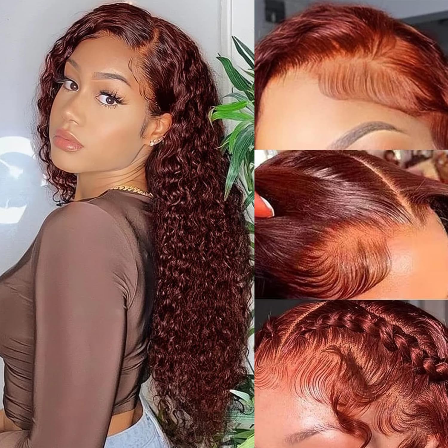 4*4 Lace Closure Human Hair Wig Water Wave Reddish Brown 150% Density					