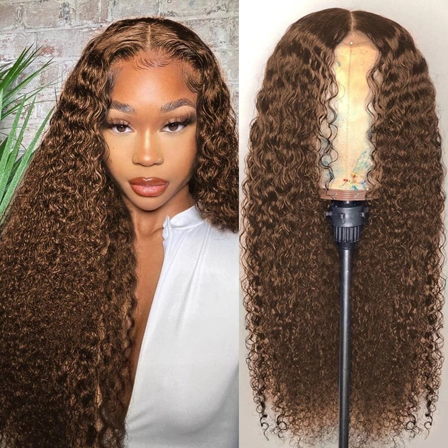 4*4 Lace Closure Human Hair Wig #4 Brown Water Wave 150% Density			