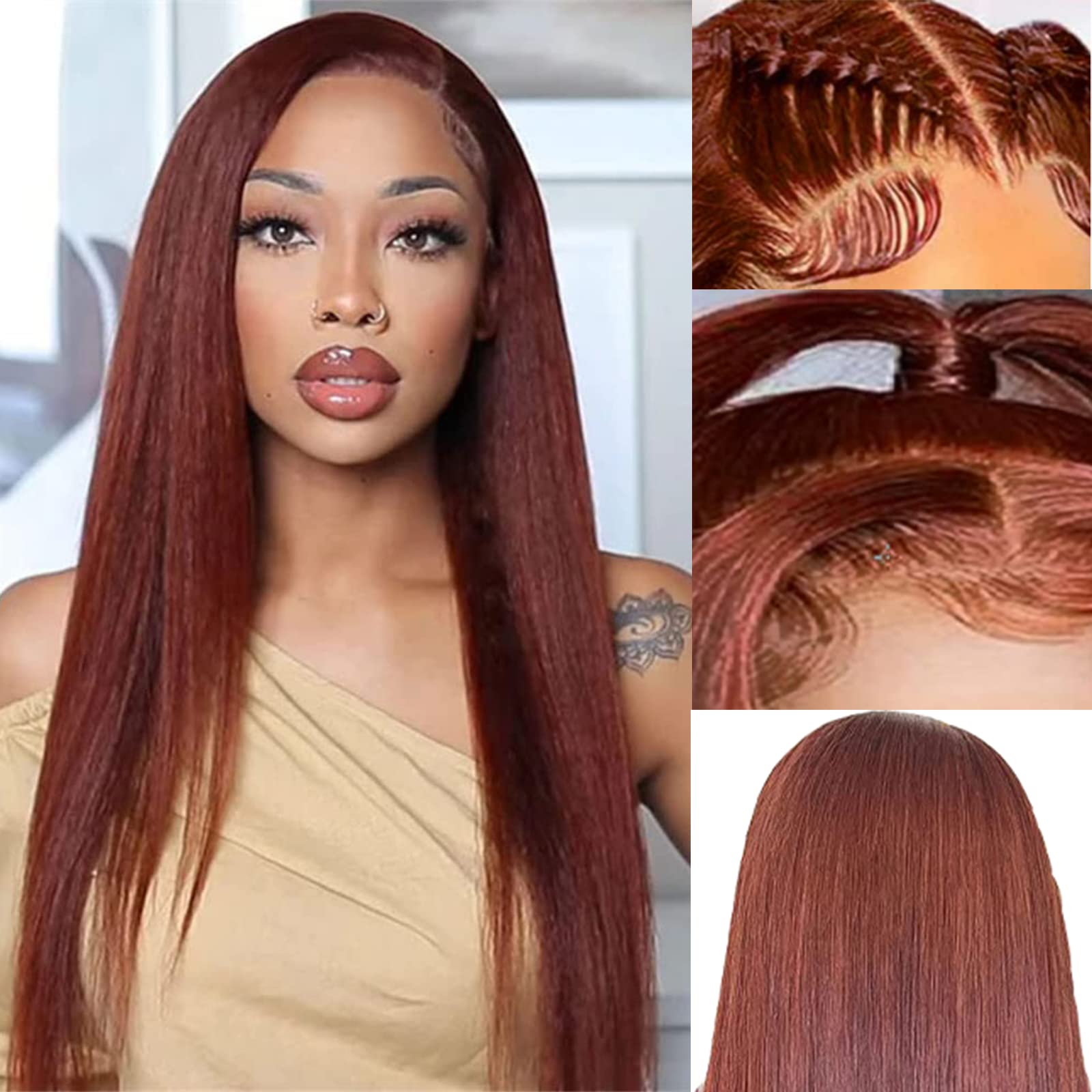 4*4 Lace Closure Human Hair Wig Reddish Brown Straight 150% Density			