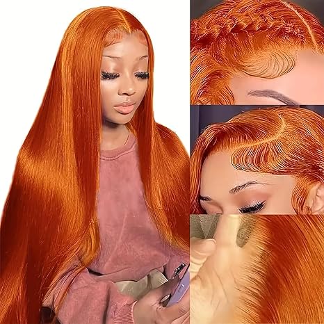 4*4 Lace Closure Human Hair Wig Orange Ginger Straight 150% Density			
