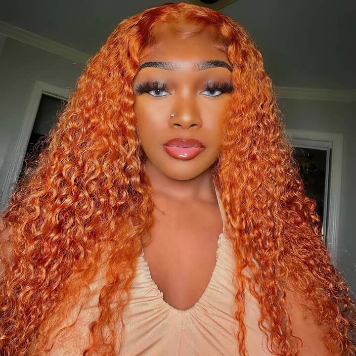 13*4 Lace Front Human Hair Wig Water Wave Orange Ginger 150% Density			