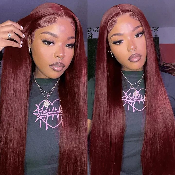 13*4 Lace Frontal Human Hair Wig Burgundy Straight 150% Density			