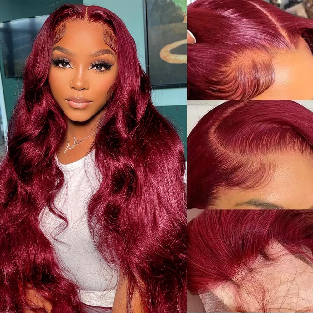 13*6 Lace Front Human Hair Wig Body Wave Burgundy 150% Density			