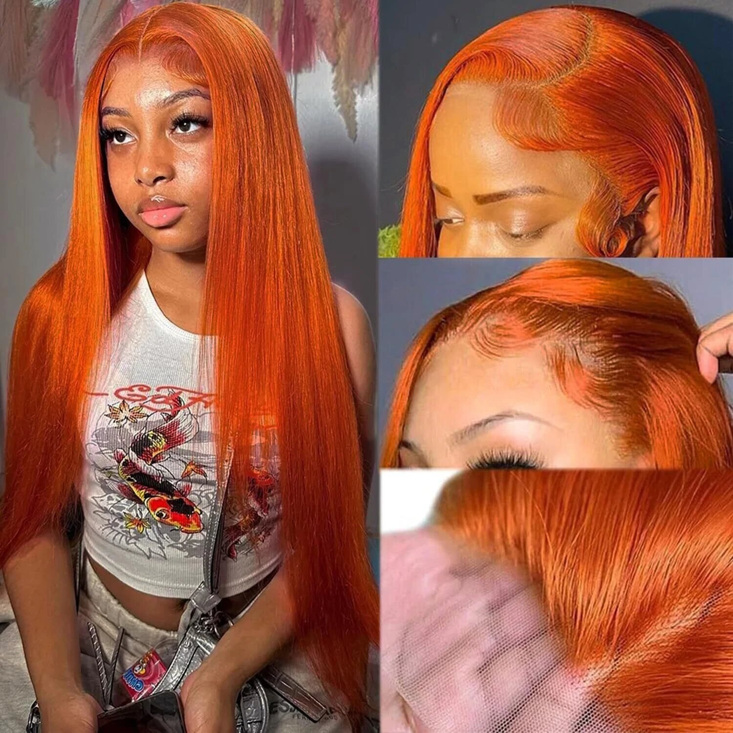 13*4前蕾丝直条真人发头套姜黄色 150%密度			