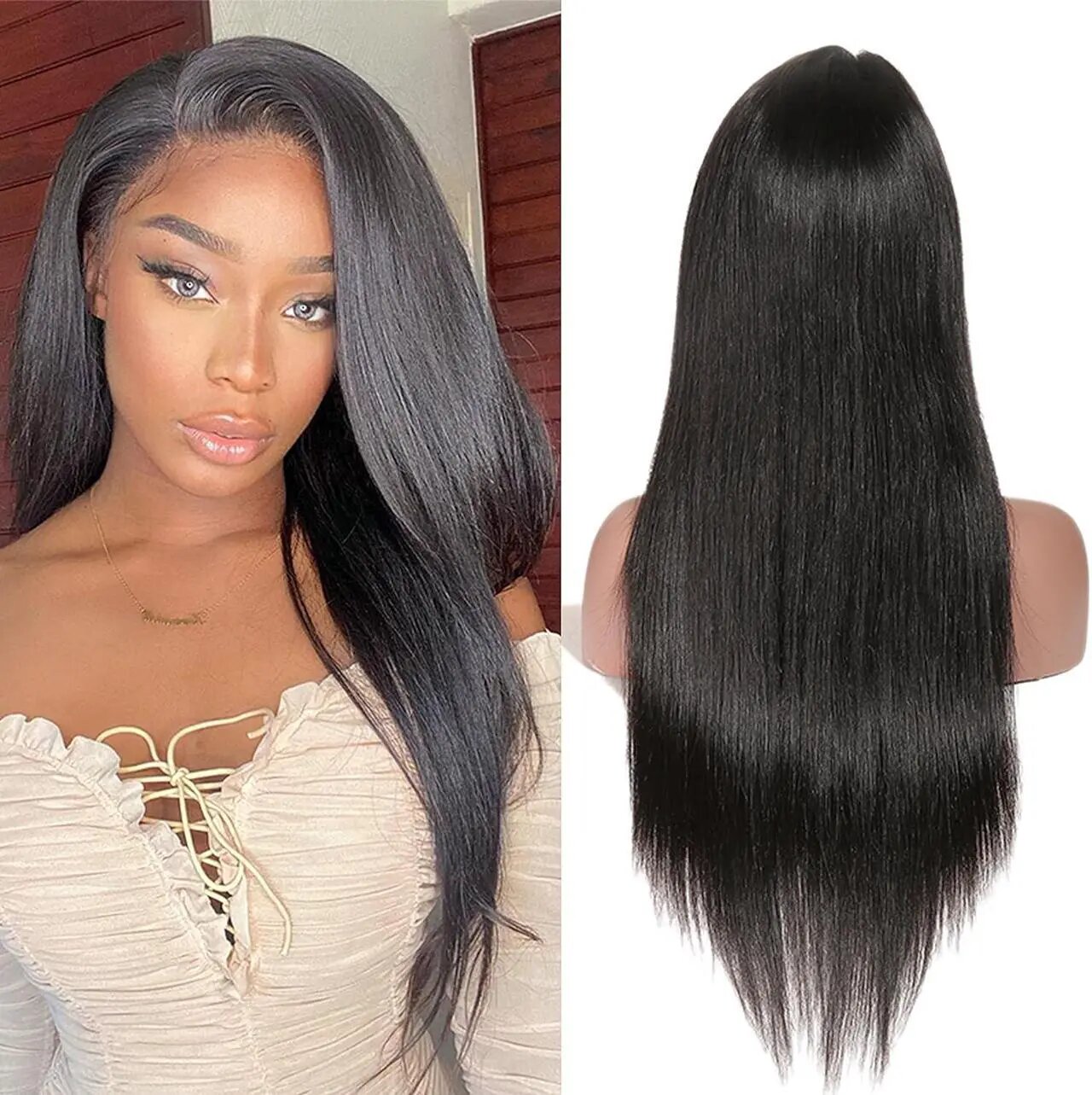 4*4 Pre-cut Lace Closure Human Hair Wig Natural Color Straight 150% Density			