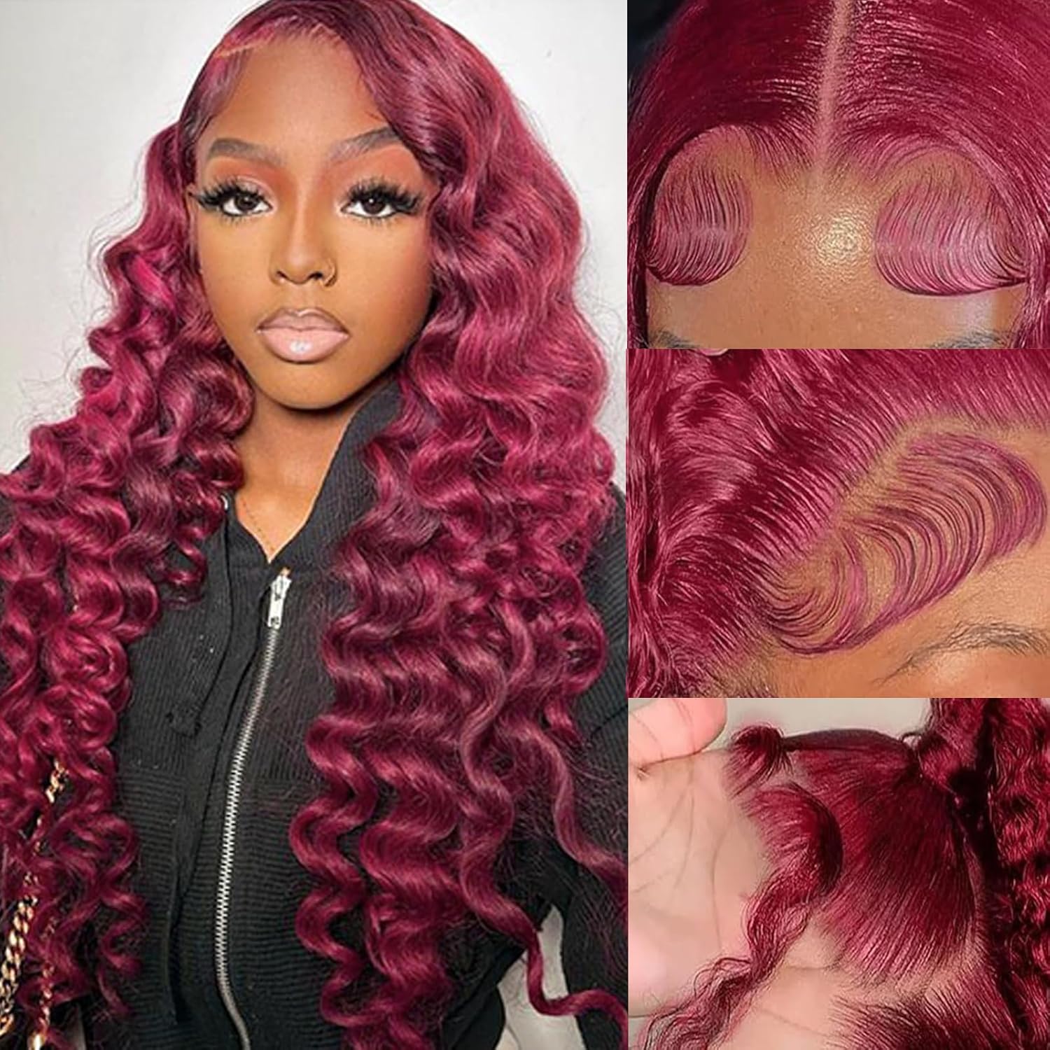 13*4 Lace Frontal Human Hair Wig Burgundy Loose Wave 150% Density			
