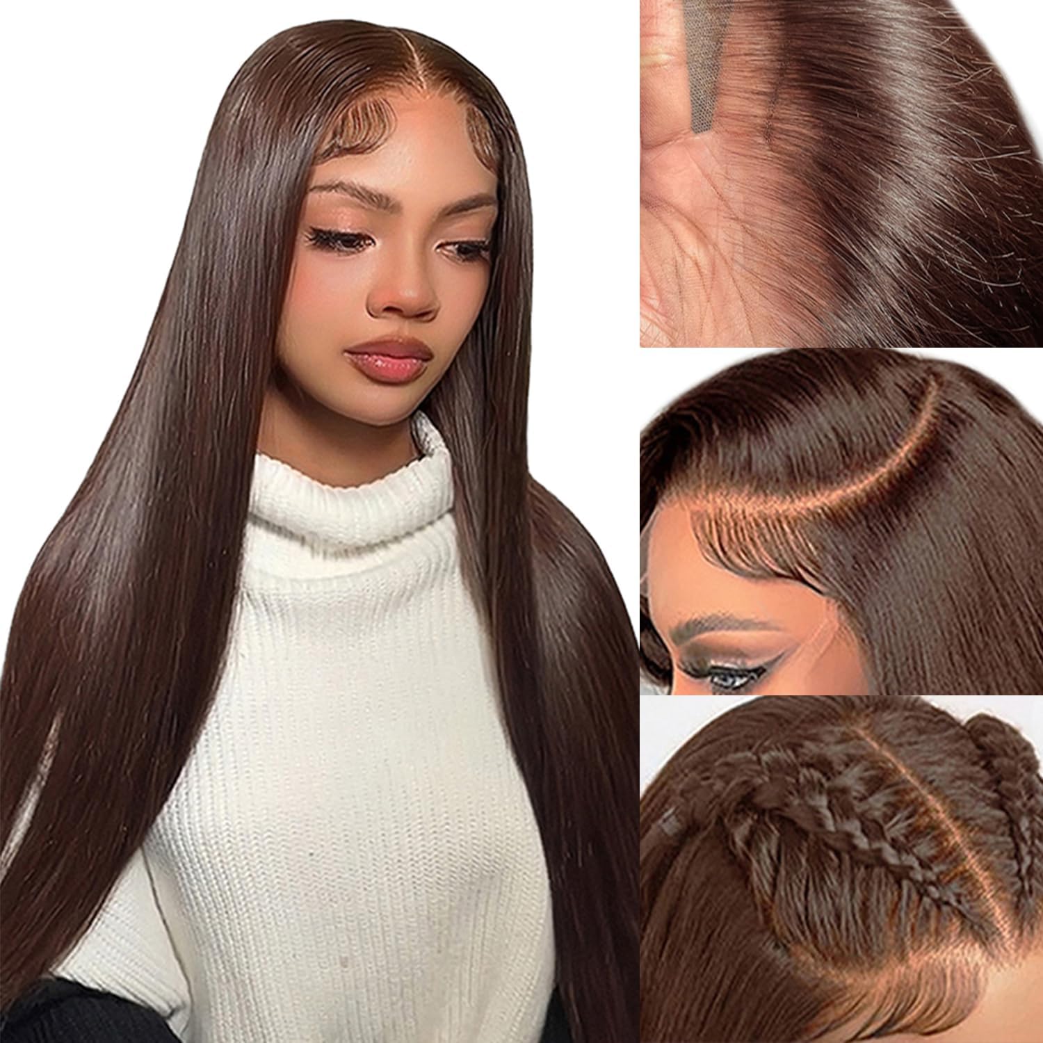 13x6 Lace Frontal Human Hair Wig Straight Brown 150% Density				