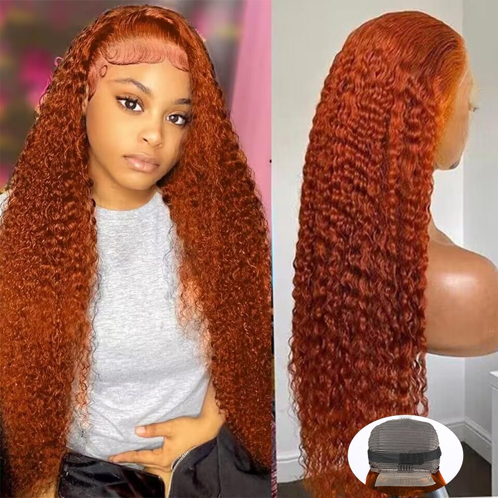 13*4 Lace Frontal Human Hair Wig Deep Wave Ginger Orange #350 150% Density				