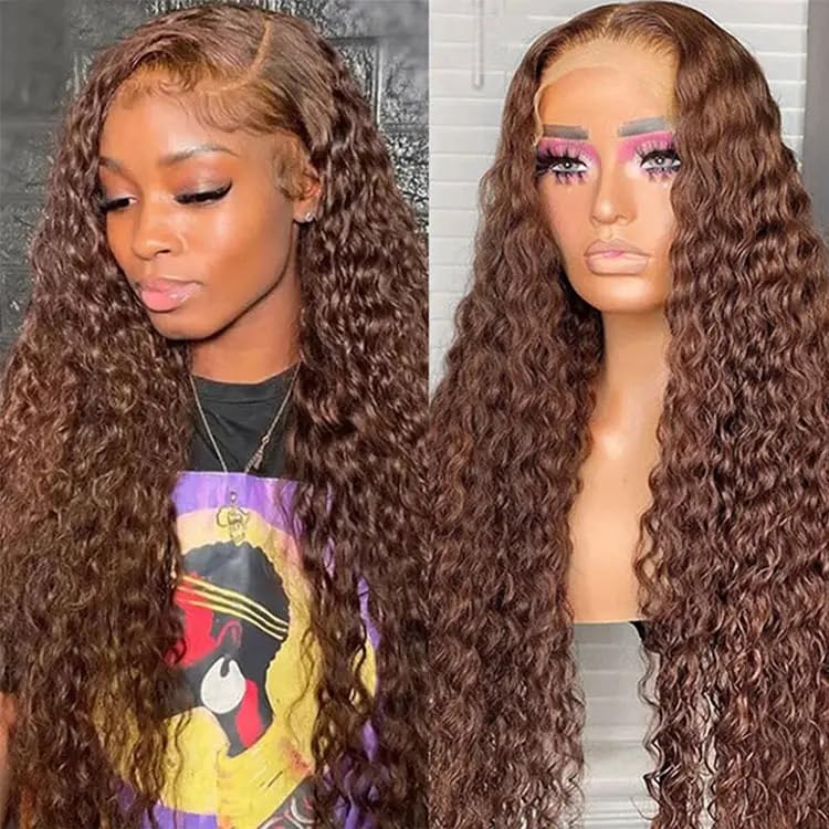 13*4 Lace Front Human Hair Wig Water Wave Brown 150% Density			