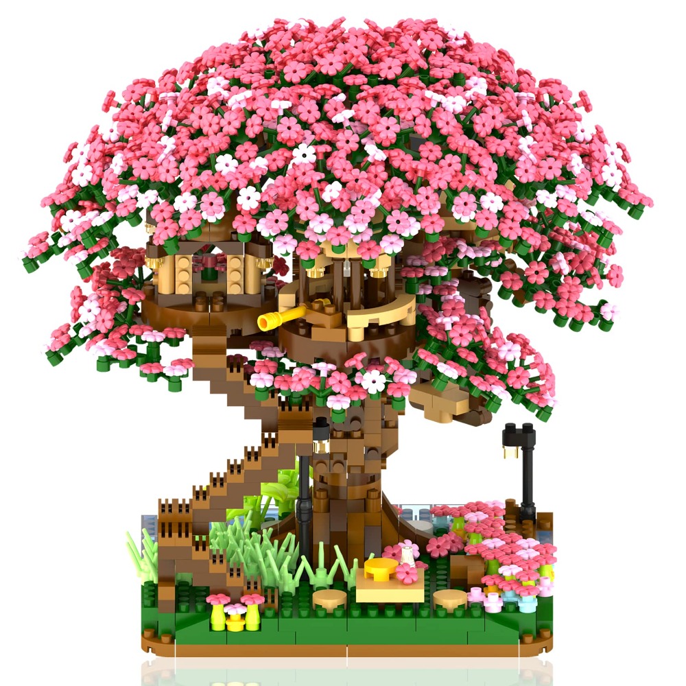 迷你樱花树屋积木-带展示架的儿童创意DIY玩具