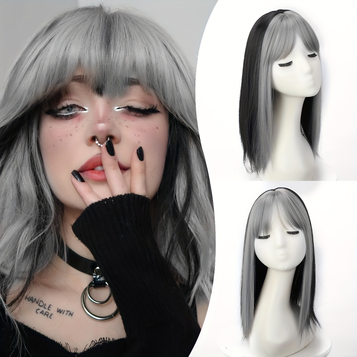 欧美假发女齐刘海轻薄挑染彩色直发补发片蓬松头顶Clip in Bangs