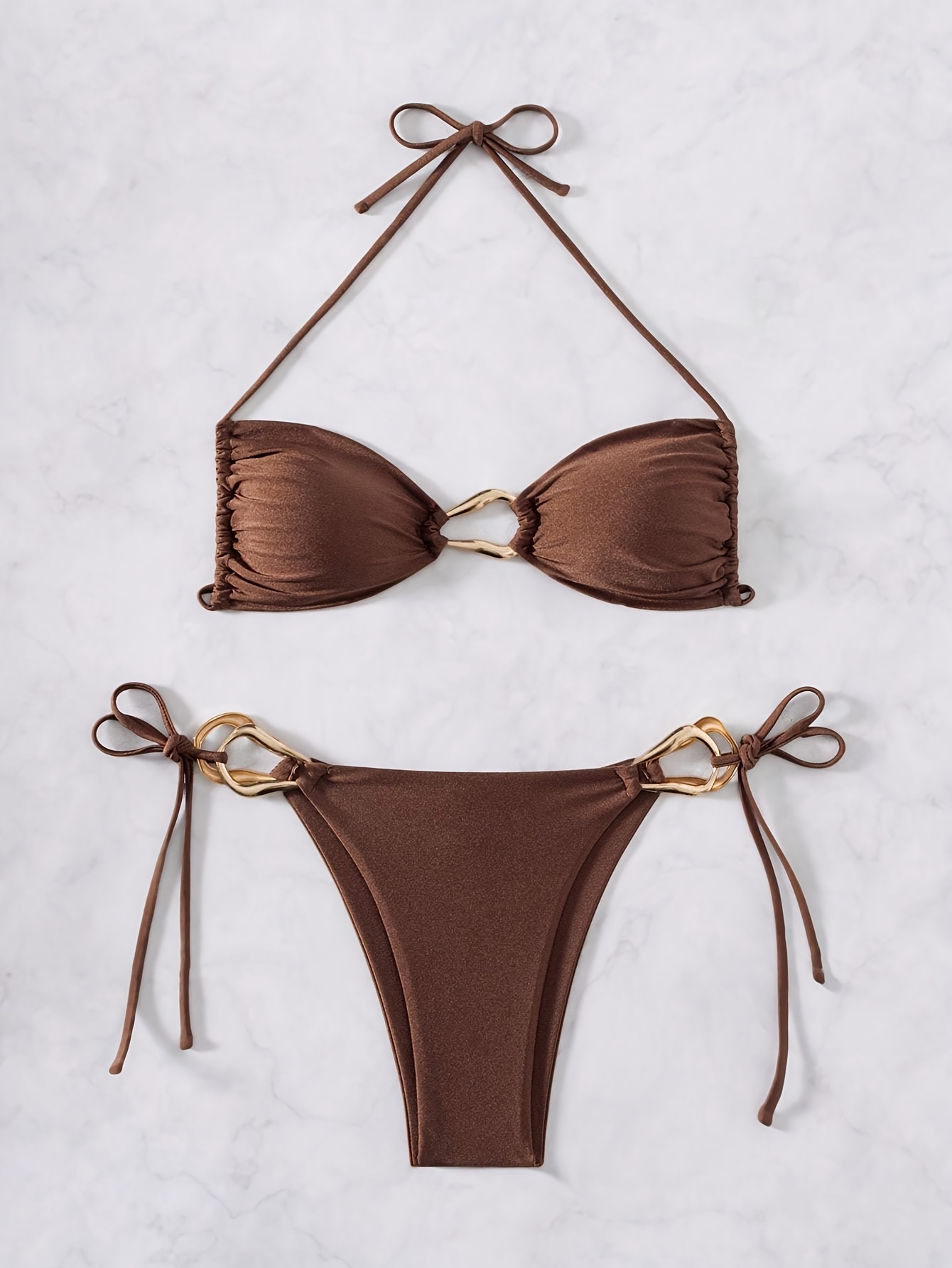 Brown Gold - Buckle Tie - Side Triangle Bikini Set – Beach Vacation Slimming Swimwear