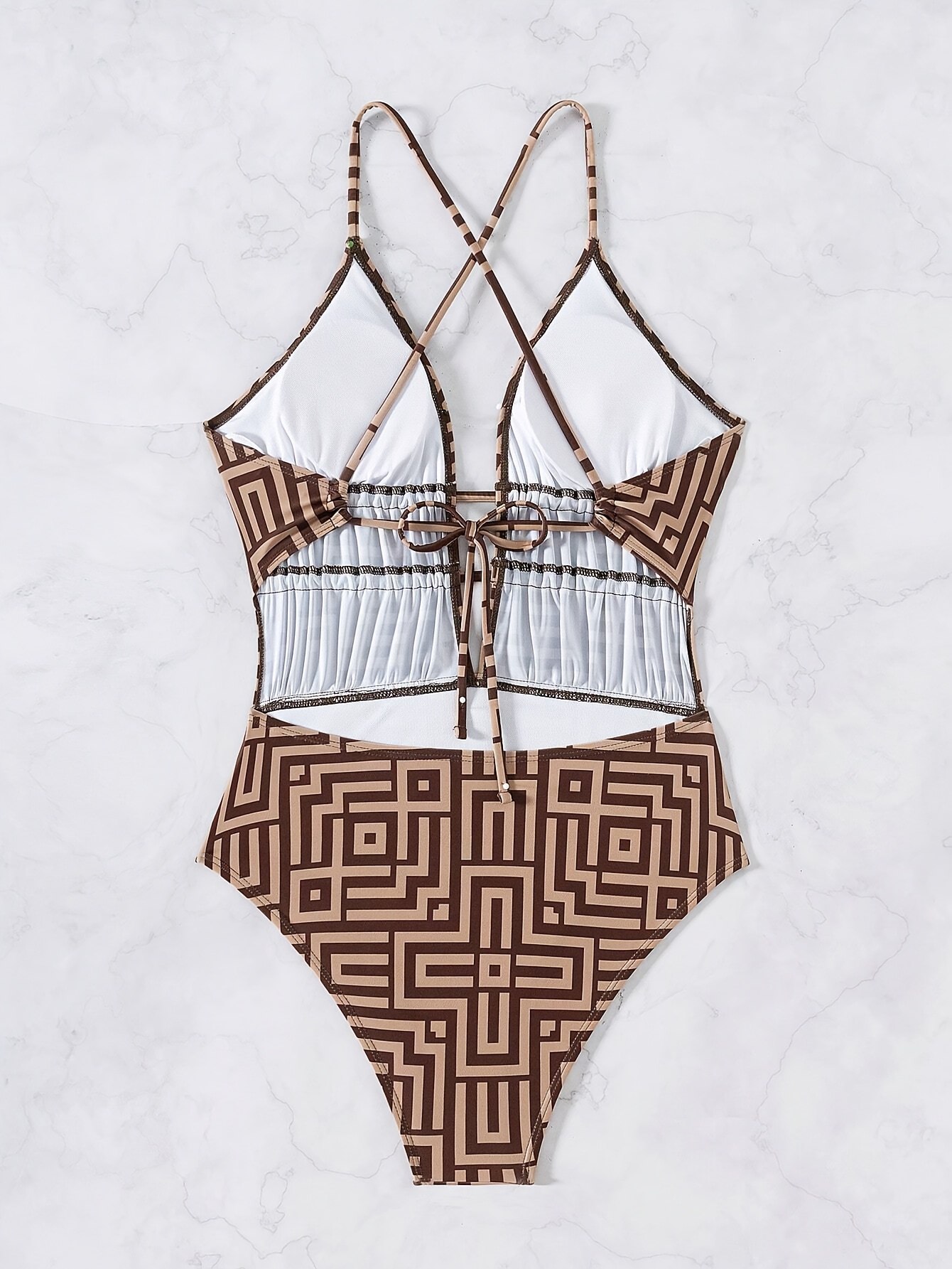 Brown Geometric Print Deep V - Neck One - Piece Swimsuit – Beach Vacation Slimming Swimwear